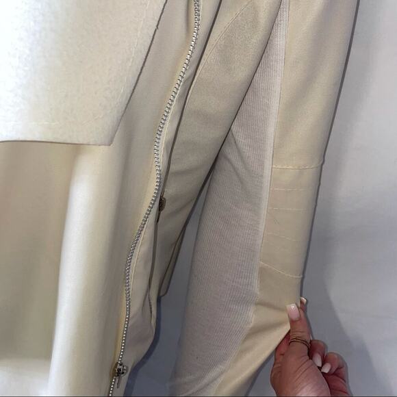 Cream/Vanilla colored jacket pleather draped open front asymmetrical zip SZ Sm - Picture 10 of 13